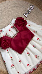 Floral Pattu Pavadai Set – Maroon Puff Sleeve Choli & White Lehenga
