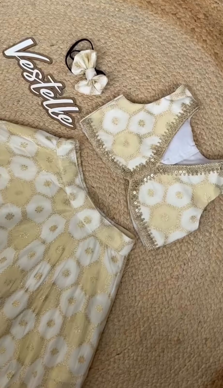 Girls White & Gold Geometric Print Lehenga Choli Set with Sequin Border