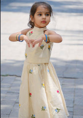 Girls Cream Cotton Silk Halter Neck Top with Lehengha Set
