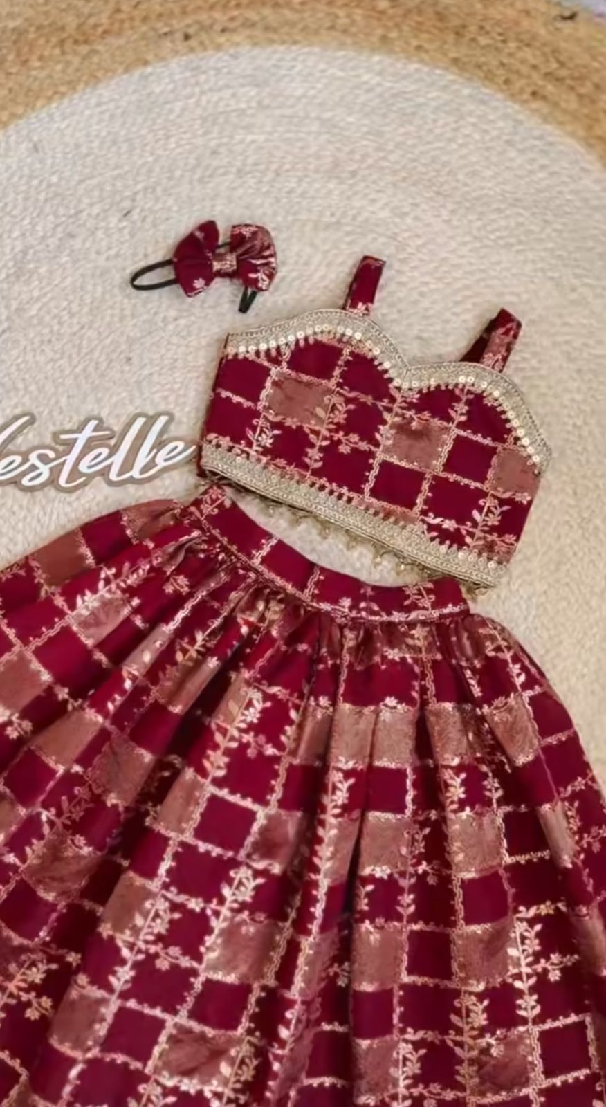 Kids Dola Tissue Jacquard Lehenga Choli Set with Embroidered Blouse for Girls