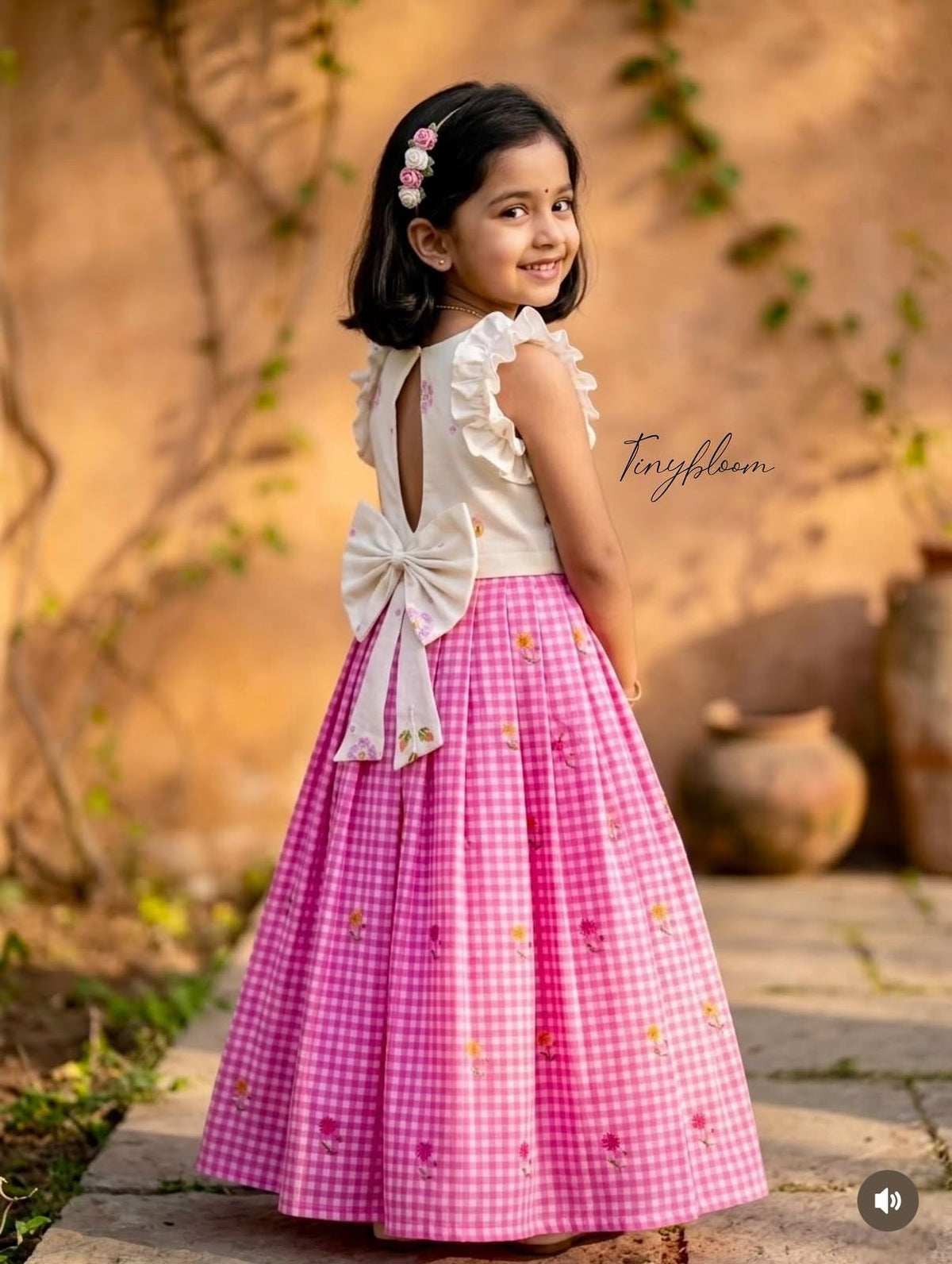 Premium Cotton Pink Checks Lehenga Choli with Ruffled Sleeves and Statement Back Bow