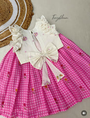 Premium Cotton Pink Checks Lehenga Choli with Ruffled Sleeves and Statement Back Bow