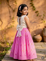 Premium Cotton Pink Checks Lehenga Choli with Ruffled Sleeves and Statement Back Bow
