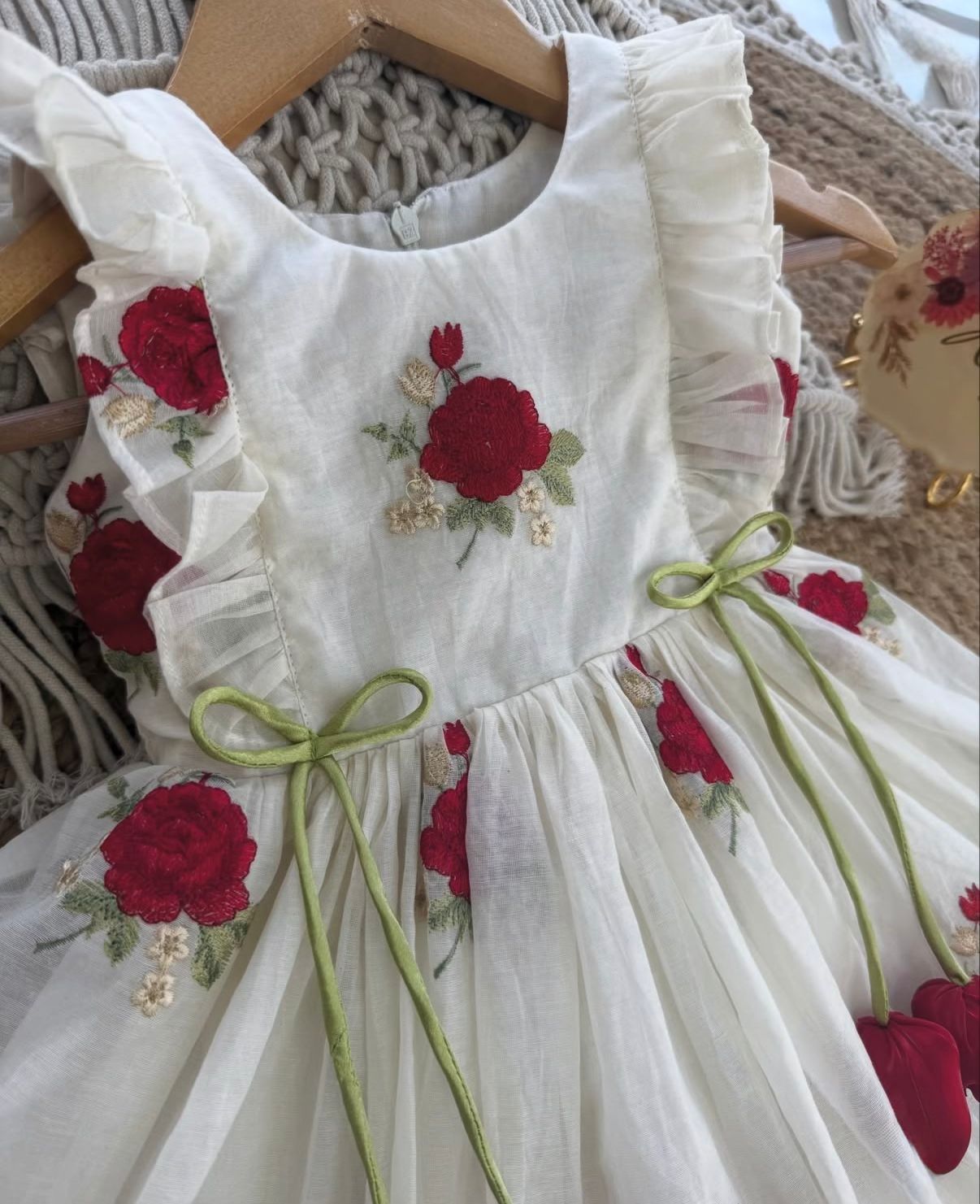 Elegant Rose Embroidered Mul Cotton Frock with Tulip Tassels