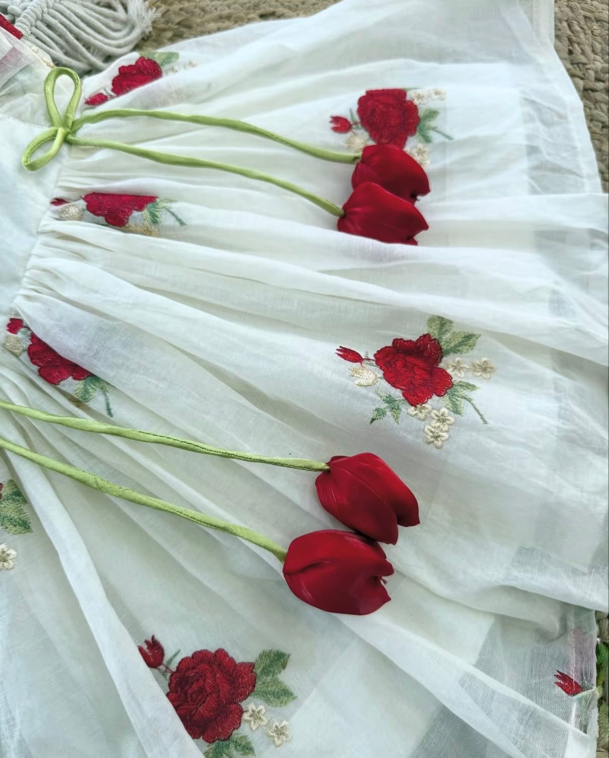 Elegant Rose Embroidered Mul Cotton Frock with Tulip Tassels
