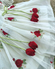 Elegant Rose Embroidered Mul Cotton Frock with Tulip Tassels