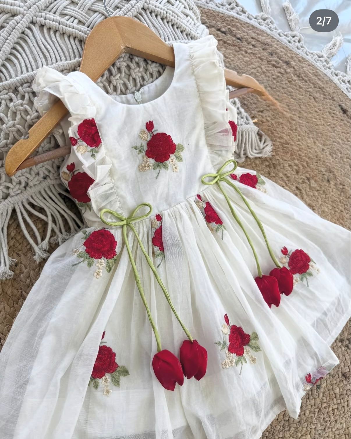 Elegant Rose Embroidered Mul Cotton Frock with Tulip Tassels