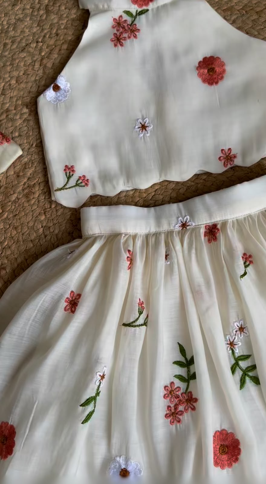 Girls Floral Embroidered Ethnic Crop Top and Skirt Set with Back Bow