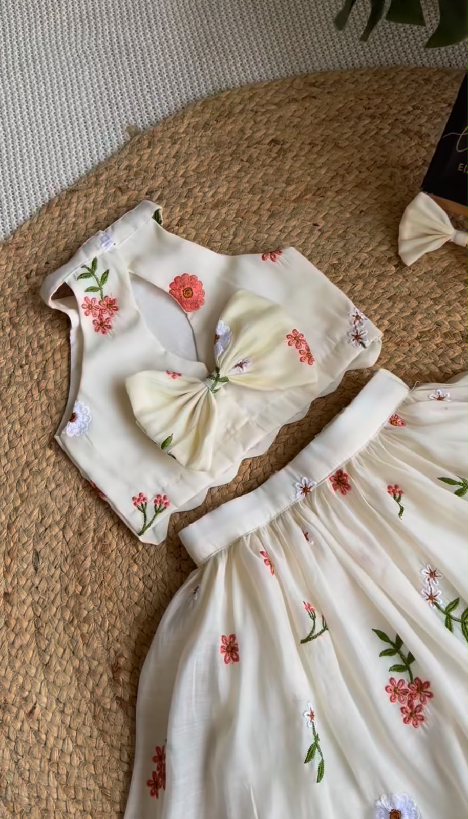 Girls Floral Embroidered Ethnic Crop Top and Skirt Set with Back Bow