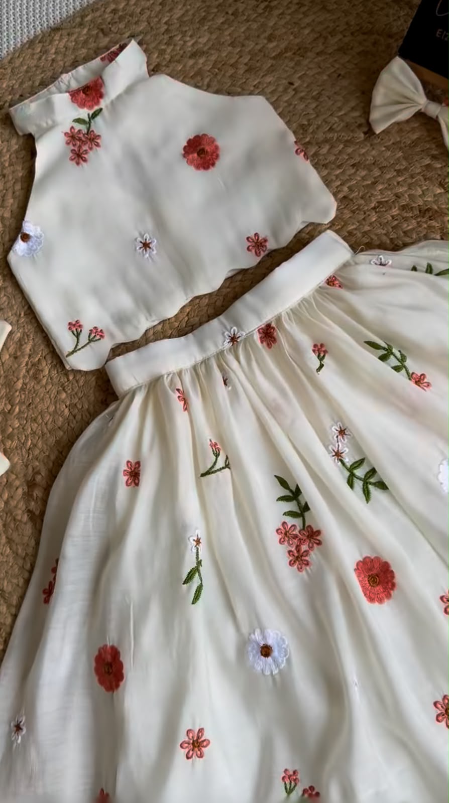 Girls Floral Embroidered Ethnic Crop Top and Skirt Set with Back Bow