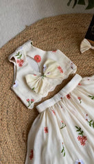 Girls Floral Embroidered Ethnic Crop Top and Skirt Set with Back Bow
