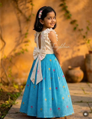 Girls Sky Blue Checked Lehenga Choli Set with Ruffled Blouse & Bow