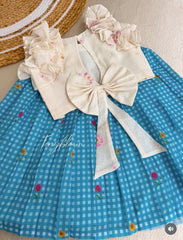 Girls Sky Blue Checked Lehenga Choli Set with Ruffled Blouse & Bow