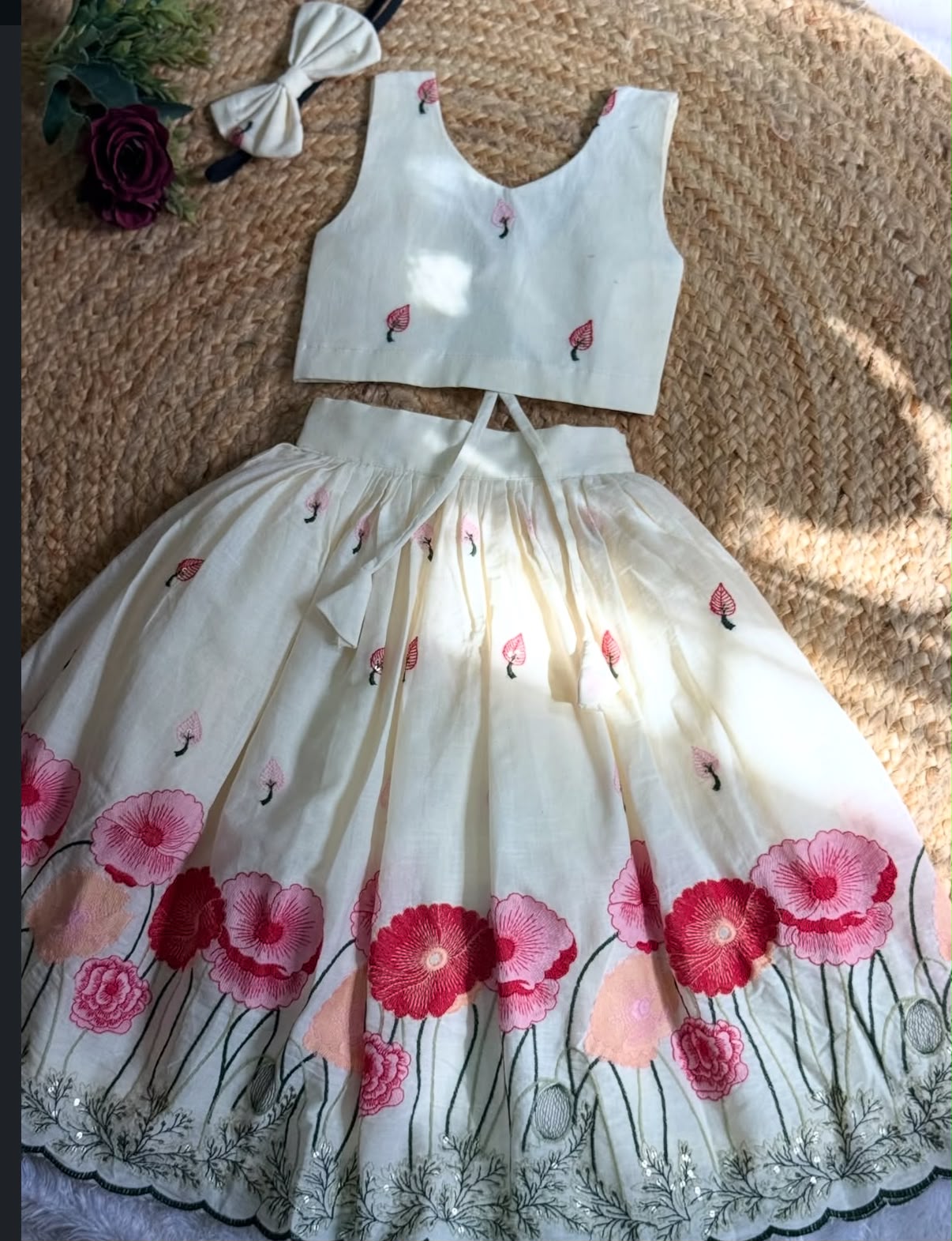 Girls Off-White Floral Embroidered Festive Lehenga Choli with Hairband