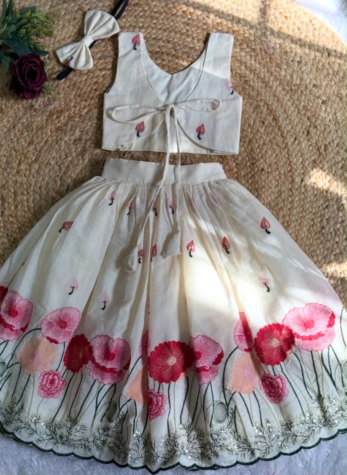 Girls Off-White Floral Embroidered Festive Lehenga Choli with Hairband
