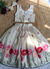 Girls Off-White Floral Embroidered Festive Lehenga Choli with Hairband