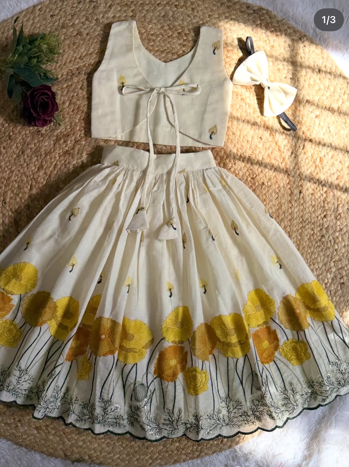Girls Off-White Floral Embroidered Festive Lehenga Choli with Hairband