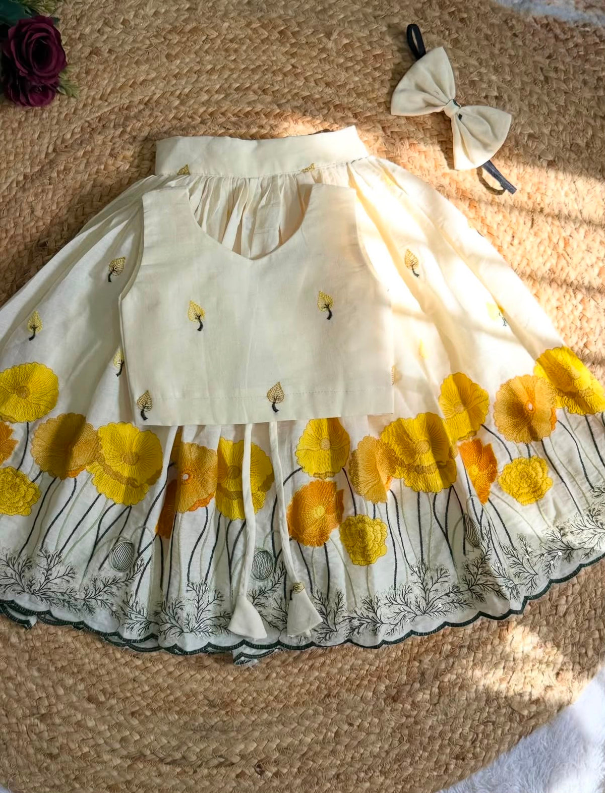 Girls Off-White Floral Embroidered Festive Lehenga Choli with Hairband