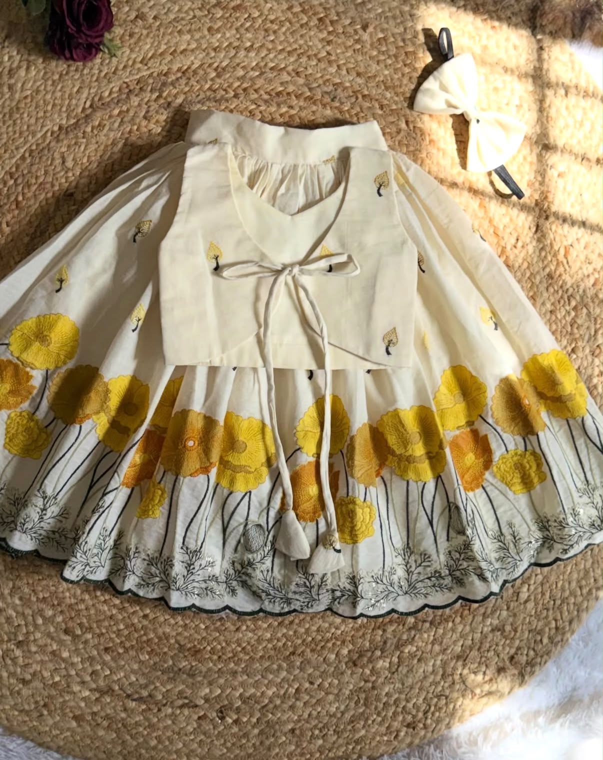 Girls Off-White Floral Embroidered Festive Lehenga Choli with Hairband