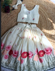 Girls Off-White Floral Embroidered Festive Lehenga Choli with Hairband