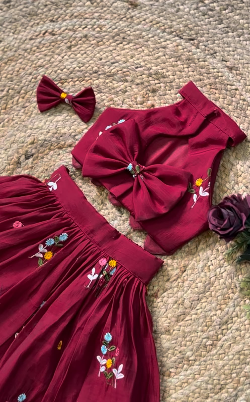 Maroon Floral Embroidered Crop Top & Pleated Skirt Set