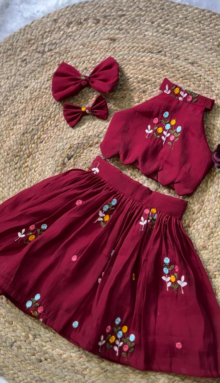 Maroon Floral Embroidered Crop Top & Pleated Skirt Set