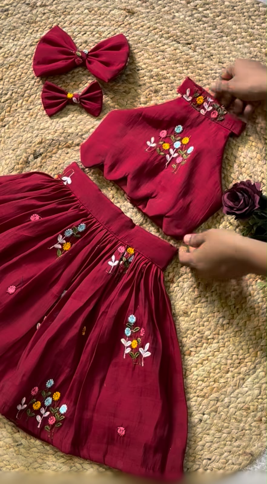 Maroon Floral Embroidered Crop Top & Pleated Skirt Set