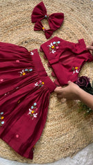 Maroon Floral Embroidered Crop Top & Pleated Skirt Set