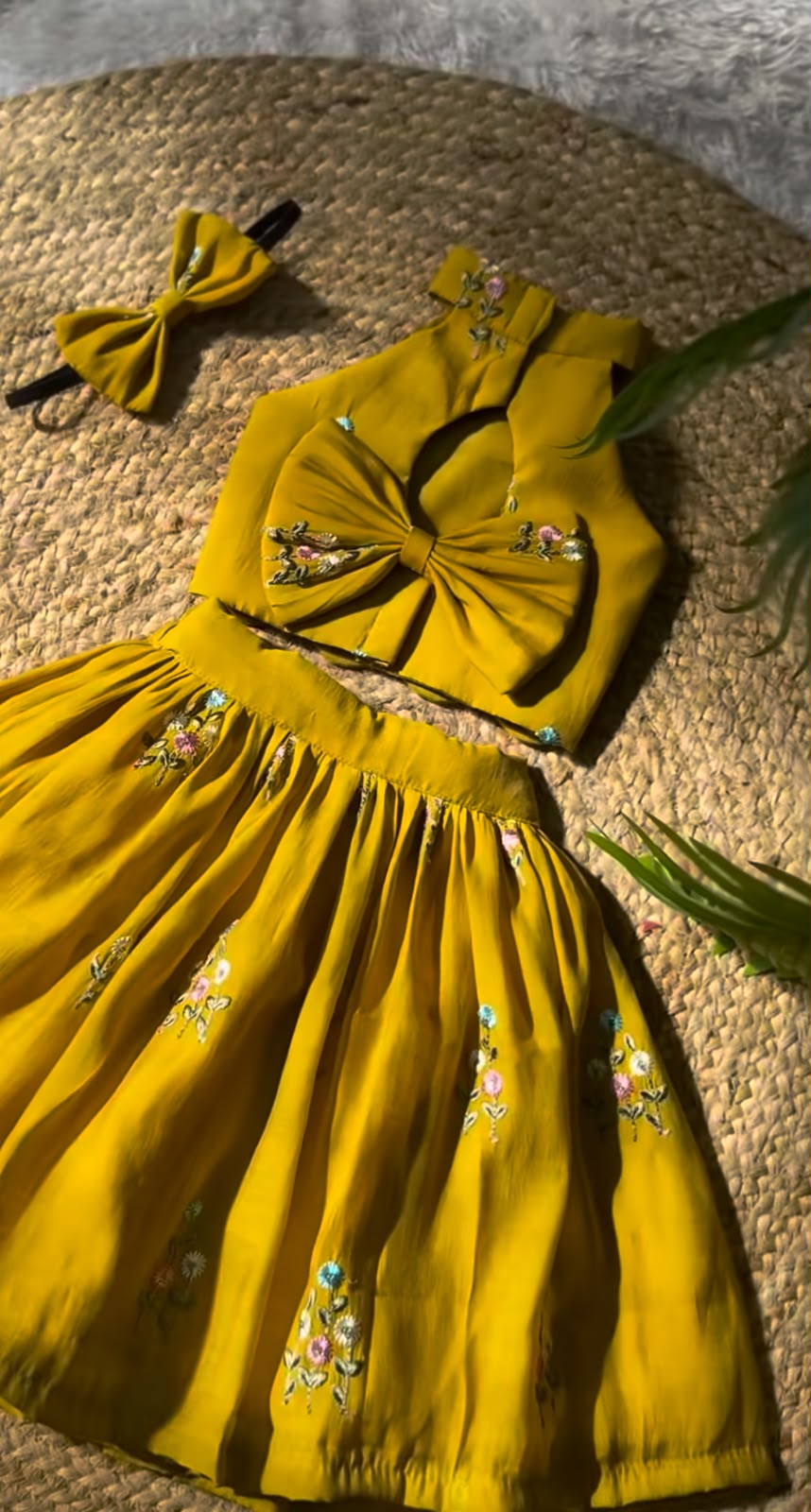 Yellow Floral Embroidered Crop Top & Pleated Skirt Set