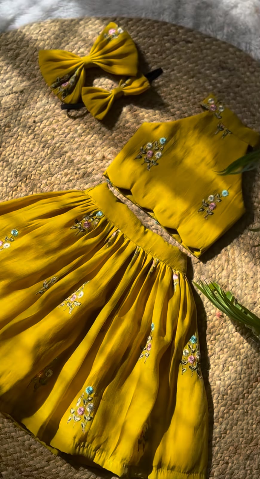 Yellow Floral Embroidered Crop Top & Pleated Skirt Set