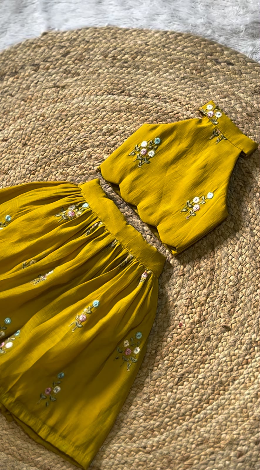 Yellow Floral Embroidered Crop Top & Pleated Skirt Set