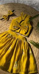 Yellow Floral Embroidered Crop Top & Pleated Skirt Set
