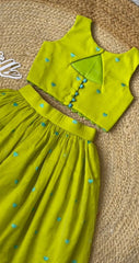 Girls Lime Green Embroidered Chanderi Cotton Lehenga Choli Set with Back Keyhole
