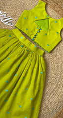 Girls Lime Green Embroidered Chanderi Cotton Lehenga Choli Set with Back Keyhole