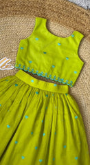 Girls Lime Green Embroidered Chanderi Cotton Lehenga Choli Set with Back Keyhole