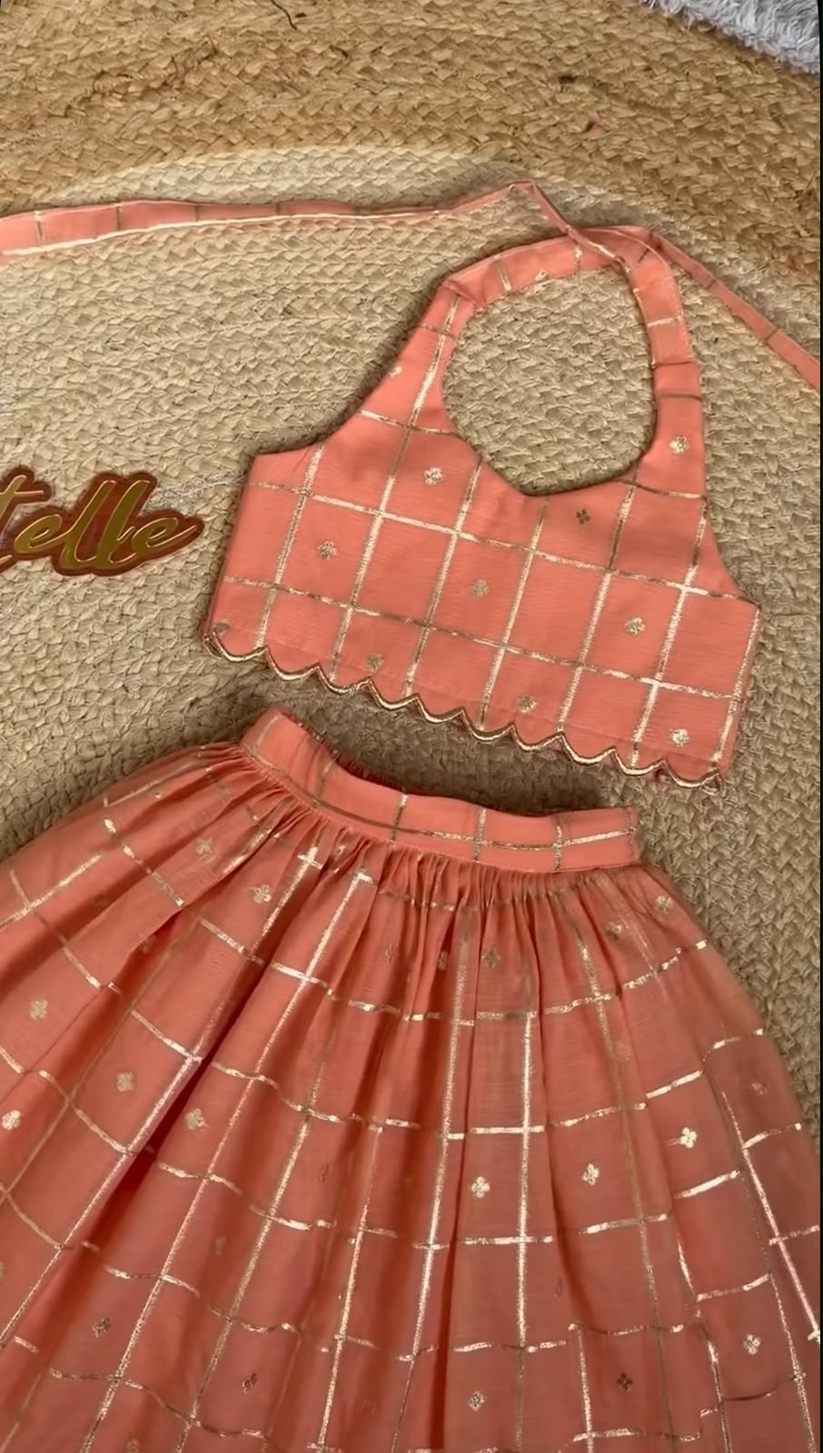 Peach Zari Check Halter Neck Lehenga Choli Set