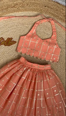 Peach Zari Check Halter Neck Lehenga Choli Set