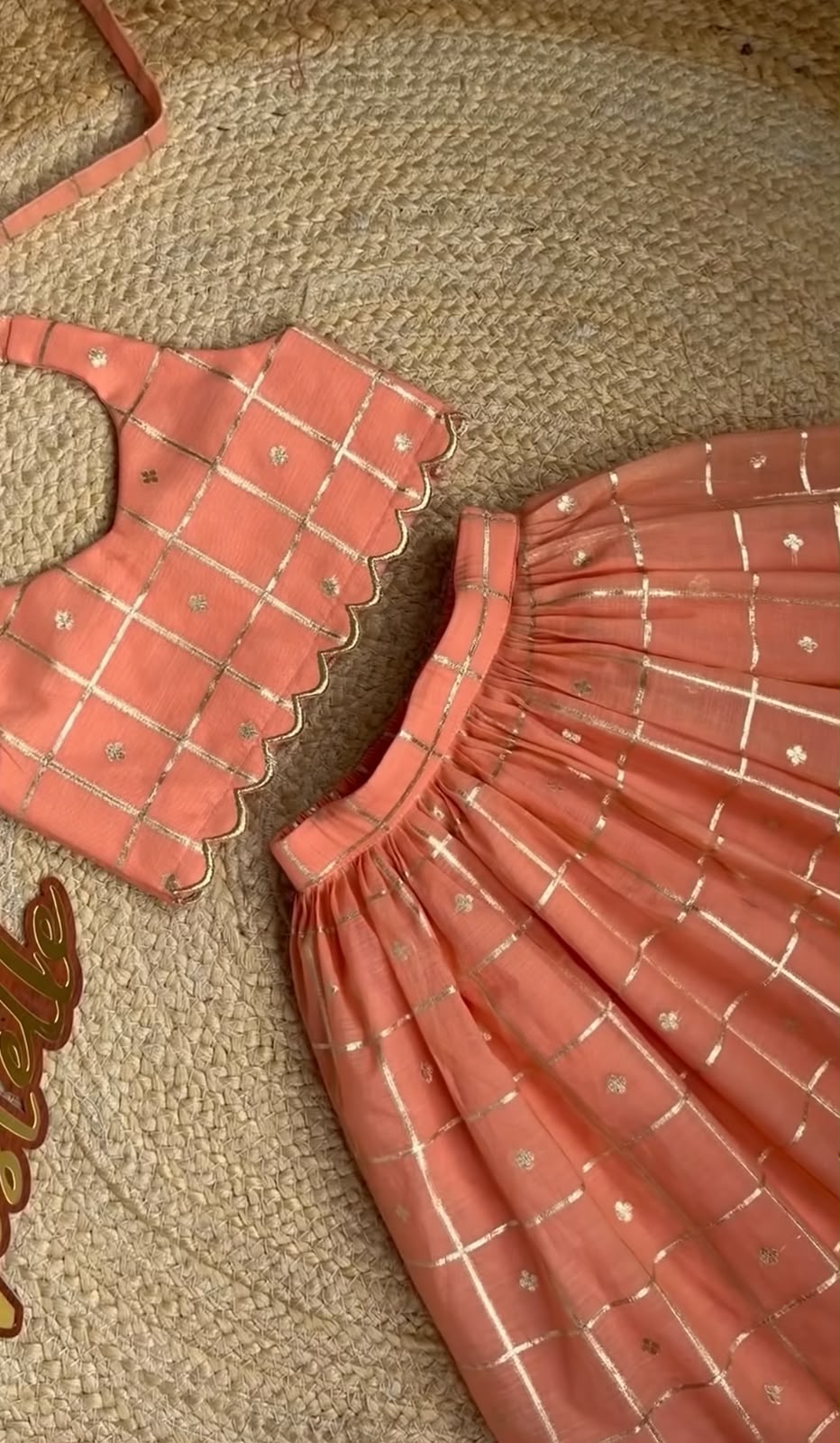 Peach Zari Check Halter Neck Lehenga Choli Set