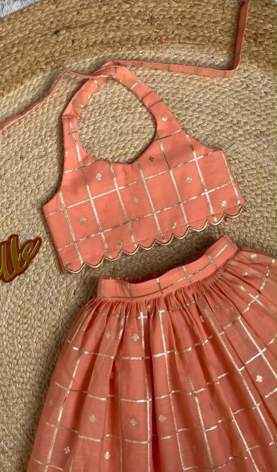 Peach Zari Check Halter Neck Lehenga Choli Set