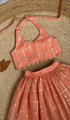 Peach Zari Check Halter Neck Lehenga Choli Set