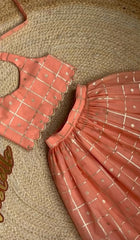 Peach Zari Check Halter Neck Lehenga Choli Set