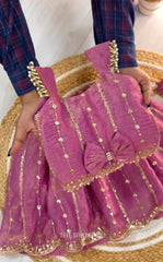 Designer Girls Metallic Rust Silk Lehenga Choli with Bow Accent & Pearl Lace