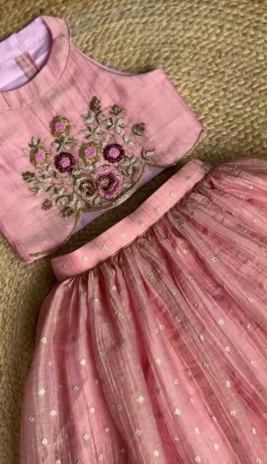 Pink Chanderi Silk Handwork Crop Top with Shimmer Lehenga Set for Girls