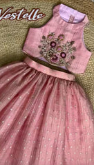 Pink Chanderi Silk Handwork Crop Top with Shimmer Lehenga Set for Girls
