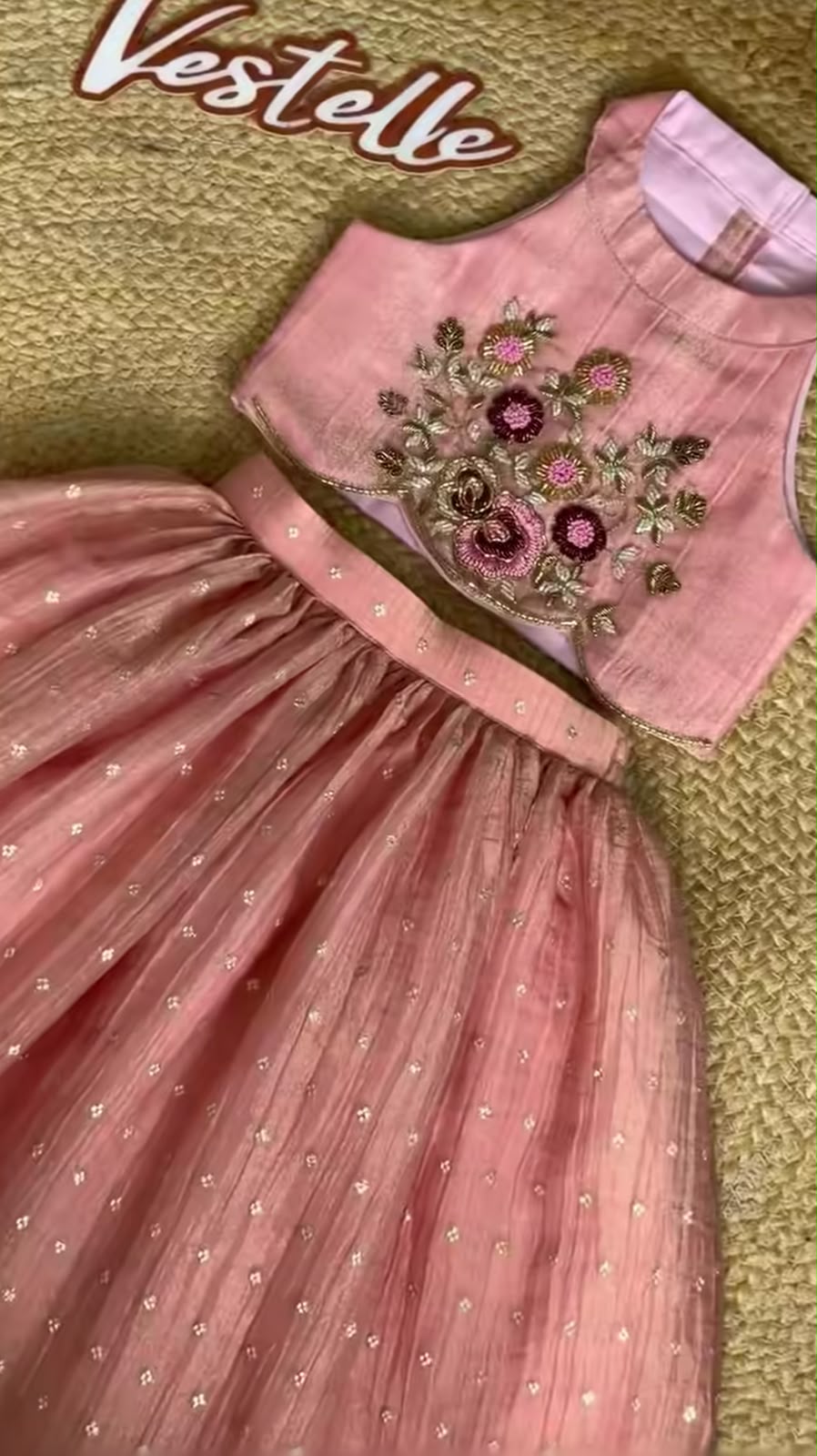 Pink Chanderi Silk Handwork Crop Top with Shimmer Lehenga Set for Girls
