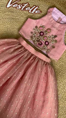 Pink Chanderi Silk Handwork Crop Top with Shimmer Lehenga Set for Girls