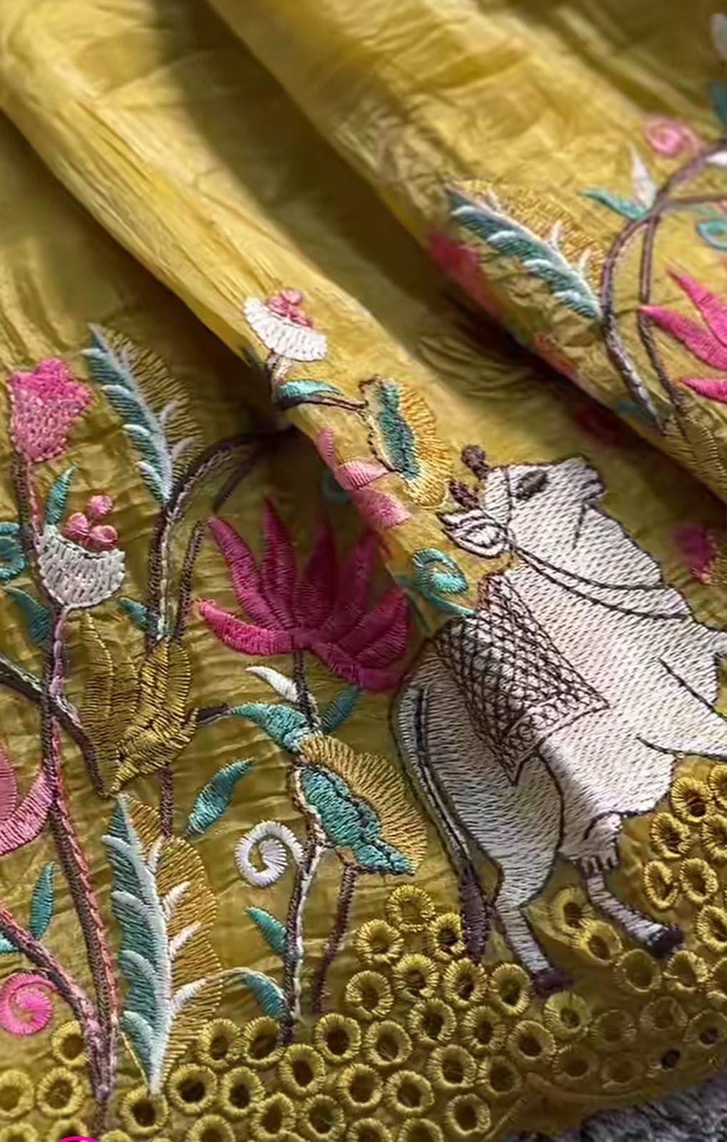 Yellow Mustard Chanderi Silk Ethnic Lehenga Choli with Traditional Cow & Floral Embroidery and Stitched Blouse