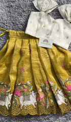 Yellow Mustard Chanderi Silk Ethnic Lehenga Choli with Traditional Cow & Floral Embroidery and Stitched Blouse