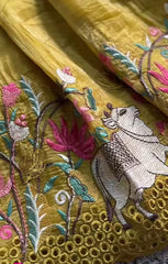 Yellow Mustard Chanderi Silk Ethnic Lehenga Choli with Traditional Cow & Floral Embroidery and Stitched Blouse