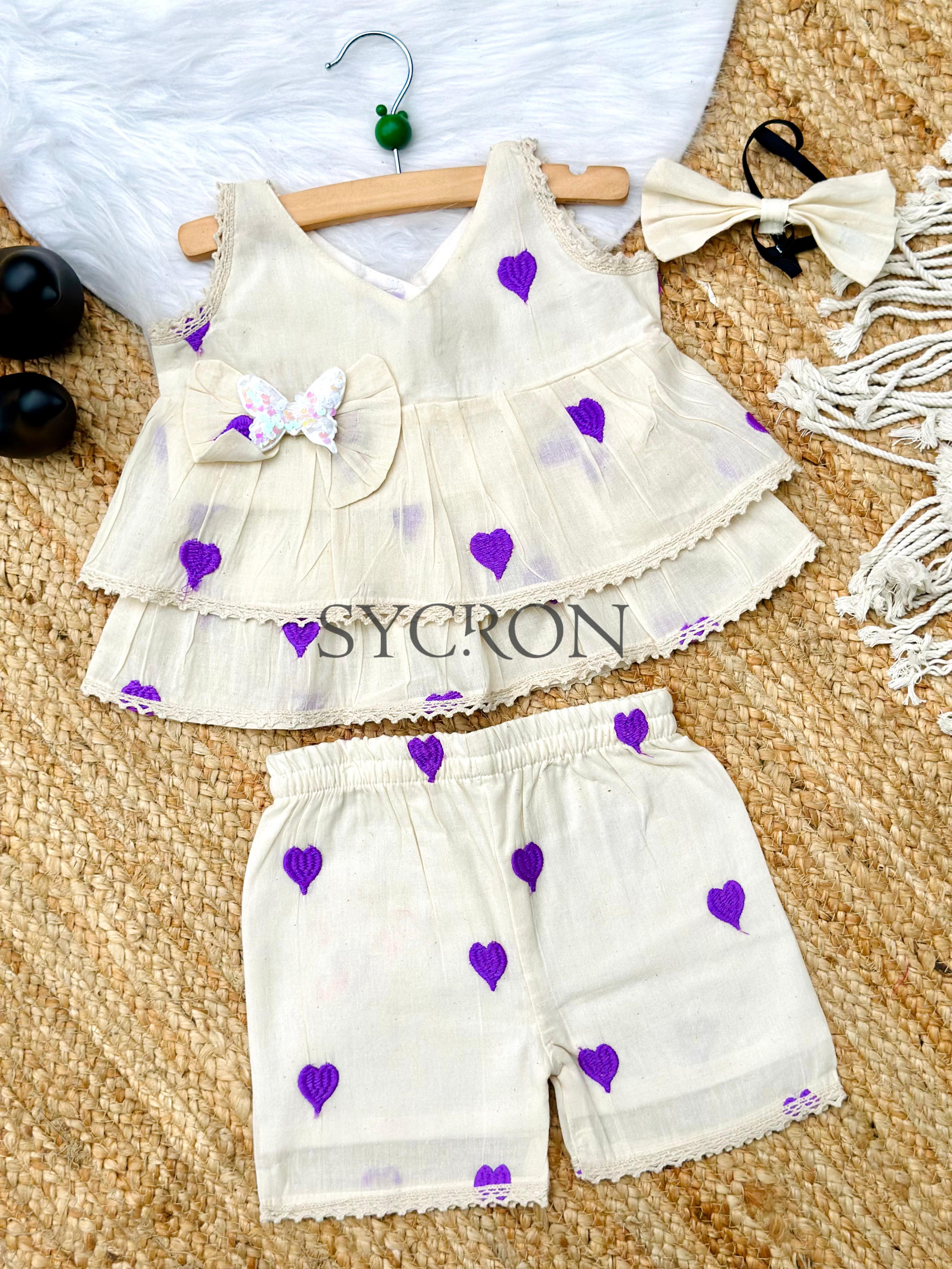 Adorable Premium Cotton Heart Embroidered Kids Cord Set